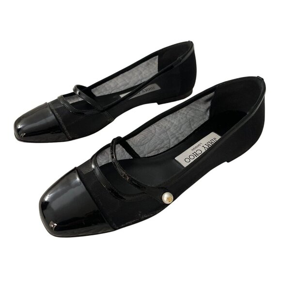 Jimmy Choo Sz 37.5 7.5 Elisa Black Mesh Pearl Mary Jane Flat Shoes NEW - Picture 3 of 10
